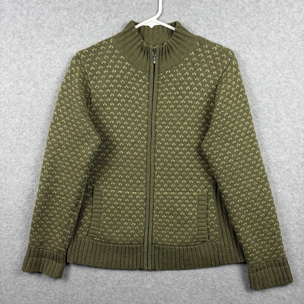 LL Bean Sweater Women's Small Green Geo Lambswool Full Zip Mock Ribbed Knit
